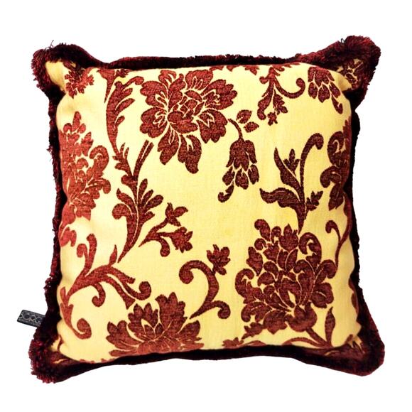 Vintage Borgata Maroon Gold Tapestry Fringed 17" Square Throw Pillow Classic - Picture 1 of 8